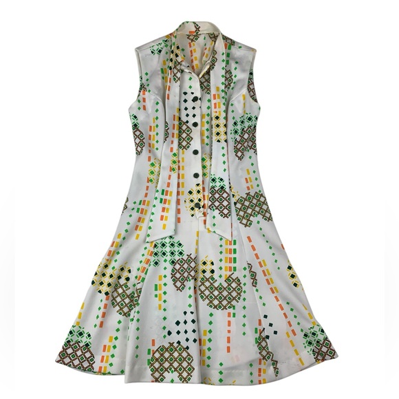 vintage Dresses & Skirts - vintage 70s mini dress small medium print 60 Multicolor Geometric Pattern Shirt